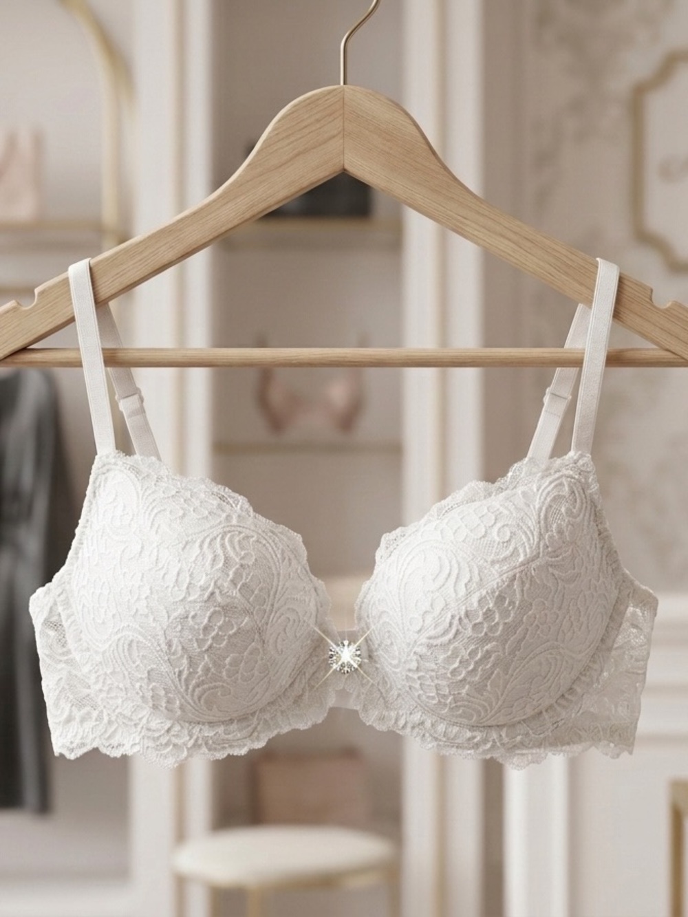 White Lace Underwire Bra with Rhinestone Center